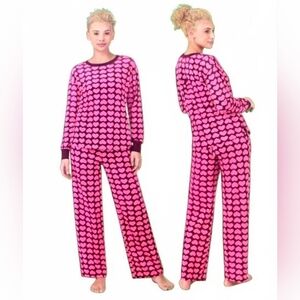 Kate Spade New York Heart Print 2 Piece Pajama Set Pink Fleece Lounge Sleepwear